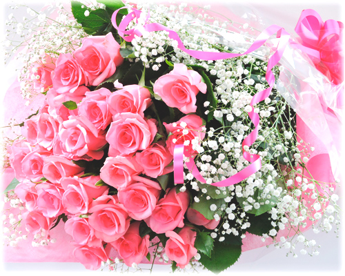 ピンク単色のバラの花束